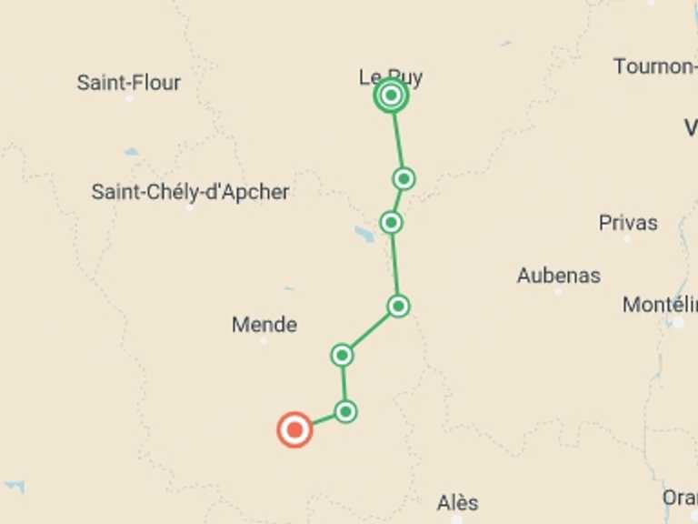 Map of The Way of St. James Walking Tour with 9 destination visits for the trip: Stevenson's Trail: The Cevennes - 8 Days
