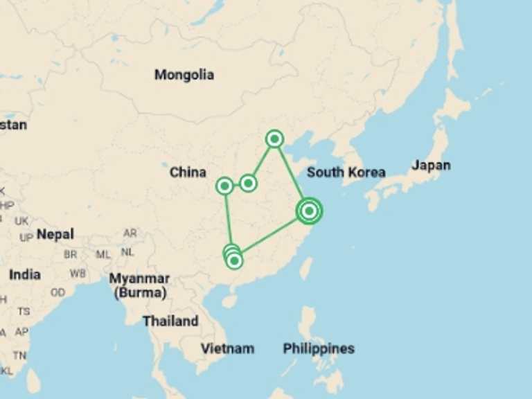 Map itinerary of Asia Tour in May 2026 with 6 destination visits for the trip: Shanghai to the Dragon's Backbone - 14 days