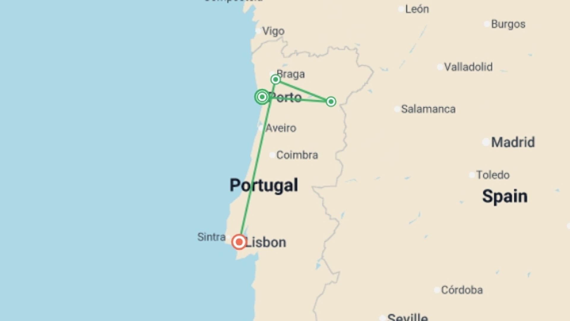 A map showing the tour itinerary for the trip: Portugal Real Food Adventure, starting in Porto, Portugal and ending in Lisbon, Portugal going through 4 other destinations.