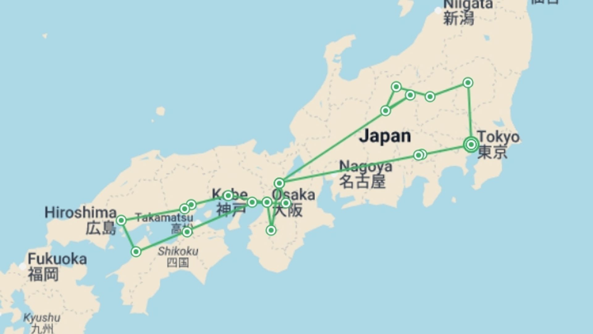 A map showing the tour itinerary for the trip: Wonders of Japan end Tokyo GO, starting in Tokyo, Japan and ending in Tokyo, Japan going through 5 other destinations.
