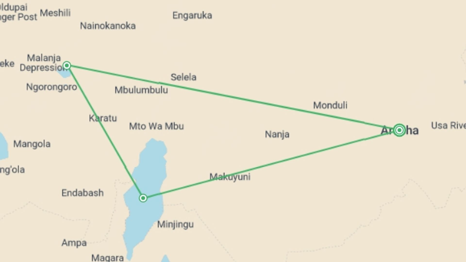 A map showing the tour itinerary for the trip: 2 Days Safari - Lake Manyara & Ngorongoro, starting in Arusha, Tanzania and ending in Arusha, Tanzania going through 4 other destinations.