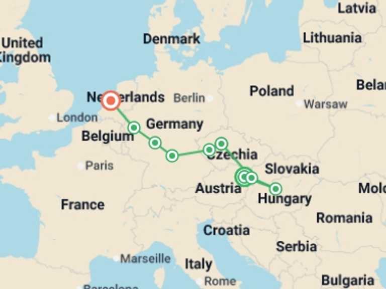 Map of 9-Day Vienna Tour with 5 destination visits for the trip: European Charm AR