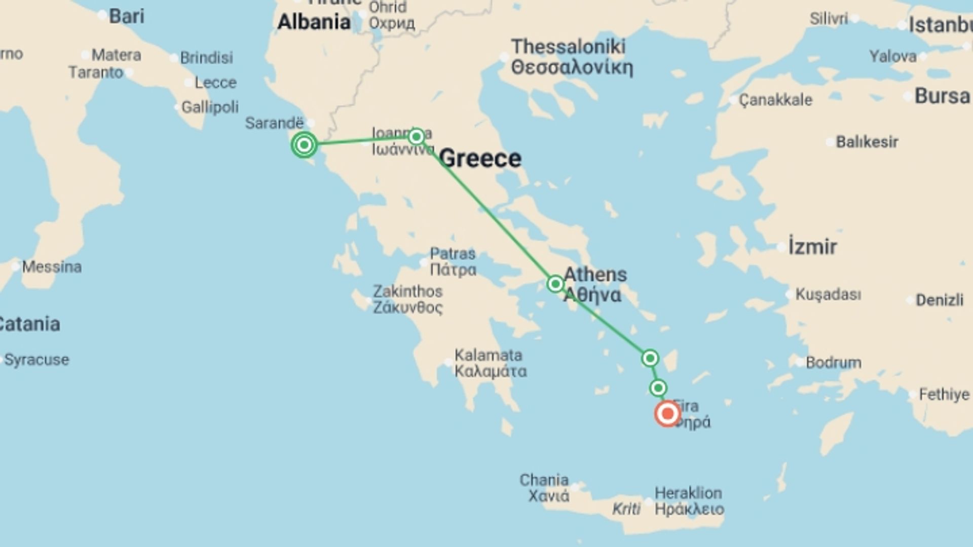 A map showing the tour itinerary for the trip: Corfu to Santorini: Beach Days & Jaw-Dropping Views, starting in Corfu, Greece and ending in Santorini, Greece going through 4 other destinations.