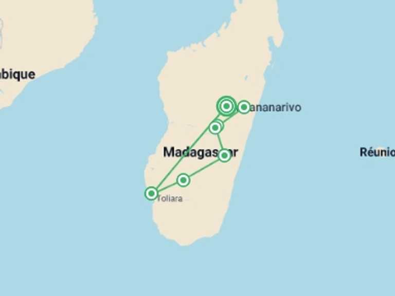Map itinerary of Africa Tour in September 2026 with 9 destination visits for the trip: Madagascar: The Lost Continent
