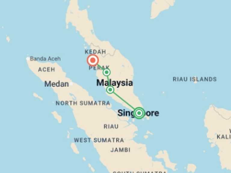 Map itinerary of South East Asia Tour in April 2027 with 4 destination visits for the trip: Singapore to Malaysia Real Food Adventure