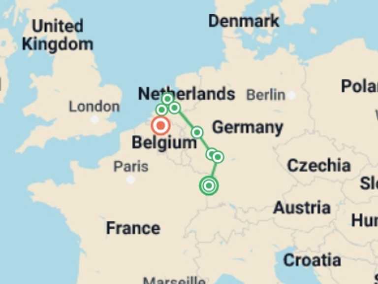 Map of Strasbourg Cruise Tour with 7 destination visits for the trip: Cruise along the Rhine from Strasbourg to Antwerp (port-to-port cruise)