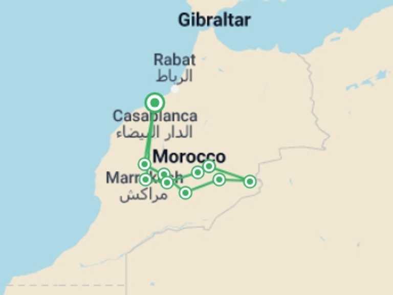 Map itinerary of Marrakech Tour in April 2027 with 9 destination visits for the trip: Luxury 4-Day Morocco Desert Tour from Marrakesh