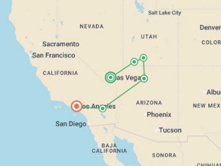 Map itinerary of Bryce Canyon National Park Tour in October 2026 with 6 destination visits for the trip: One Week from Vegas to LA
