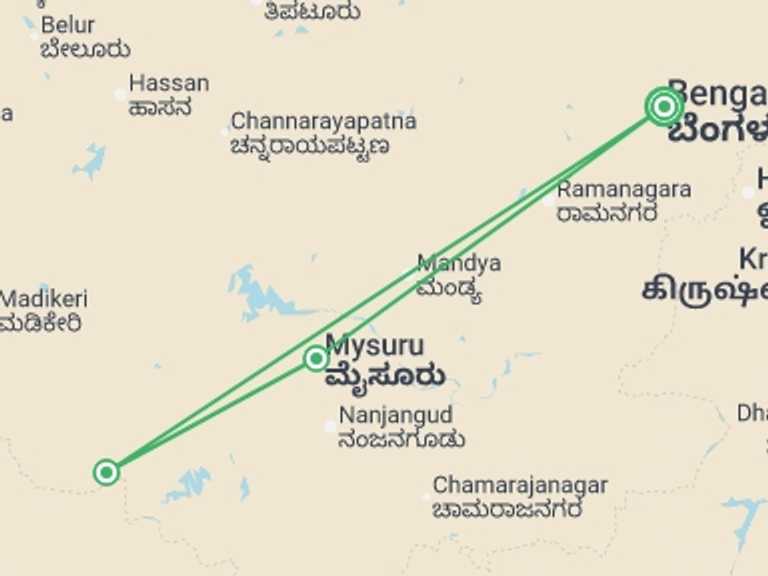 Map of a Explorer Tour with 3 destination visits for the trip: Bangalore, Mysore & Nagarhole - 8 days