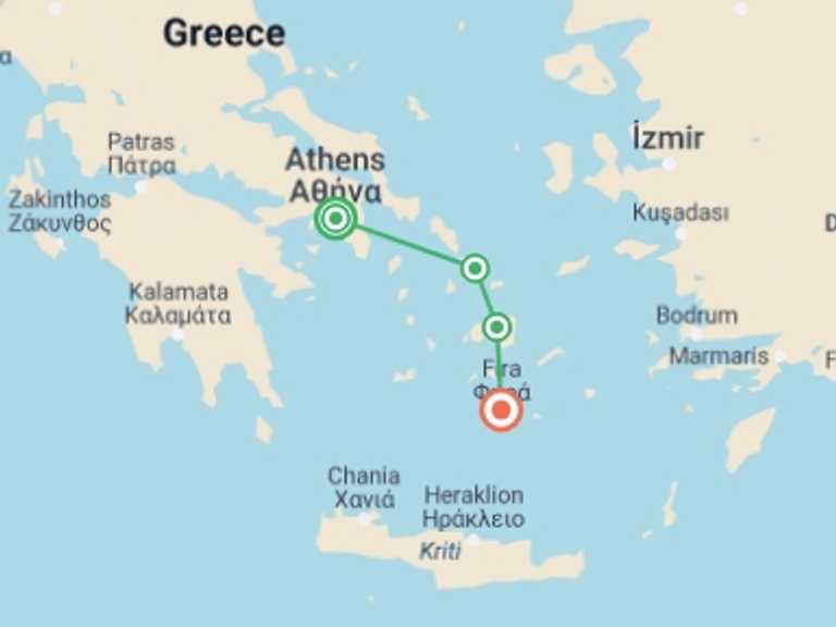 Map itinerary of Athens Tour in October 2026 with 4 destination visits for the trip: Greece: Athens and Walking in the Greek Islands