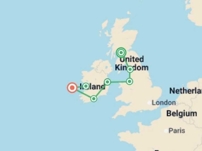 Map of Europe Tour with 7 destination visits for the trip: Celtic Traditions & Landscapes: Scotland, England & Ireland