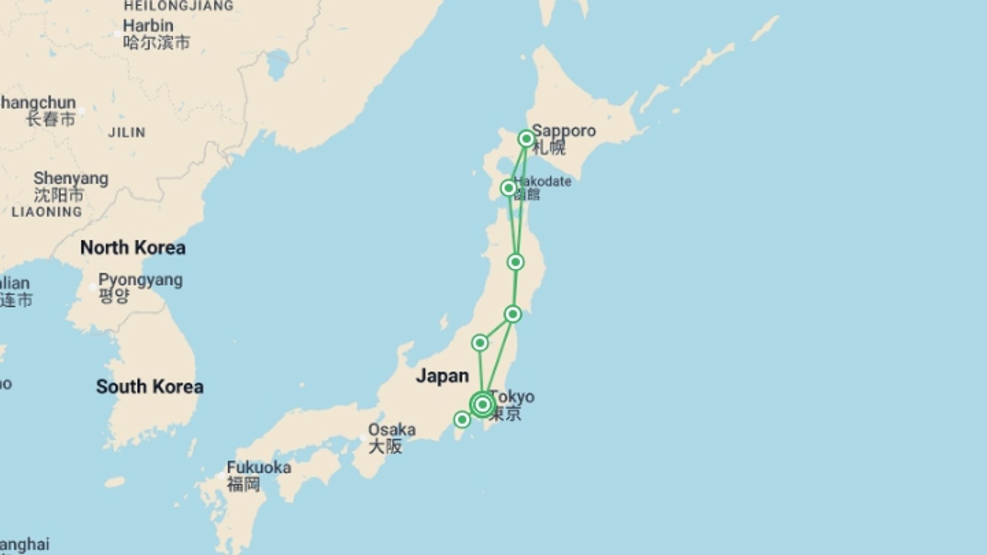 A map showing the tour itinerary for the trip: North Japan and Hakone, starting in Tokyo, Japan and ending in Tokyo, Japan going through 7 other destinations.