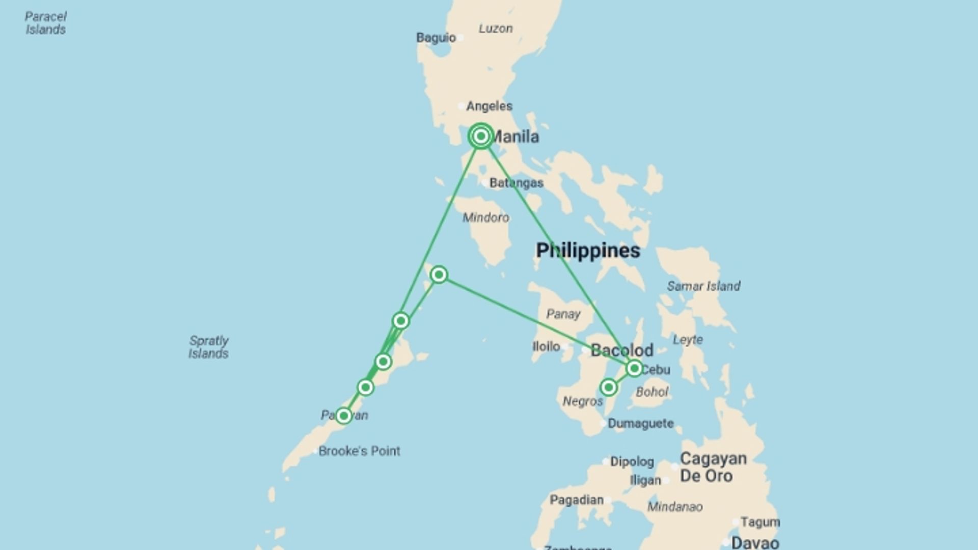 A map showing the tour itinerary for the trip: Highlights of the Philippines Adventure - 17 days, starting in Manila, Philippines and ending in Manila, Philippines going through 6 other destinations.