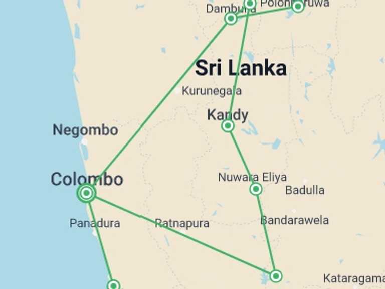 Map itinerary of Sri Lanka Tour in October 2026 with 6 destination visits for the trip: Best of Sri Lanka & Beach - 12 days