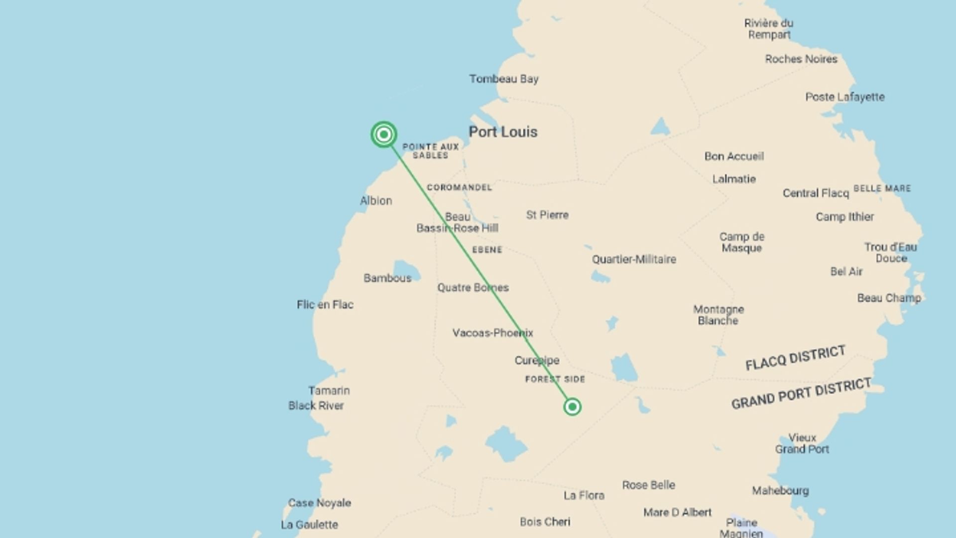 A map showing the tour itinerary for the trip: Mauritius Beach Week - 7 days, starting in Port Louis, Mauritius and ending in Port Louis, Mauritius going through 1 other destinations.