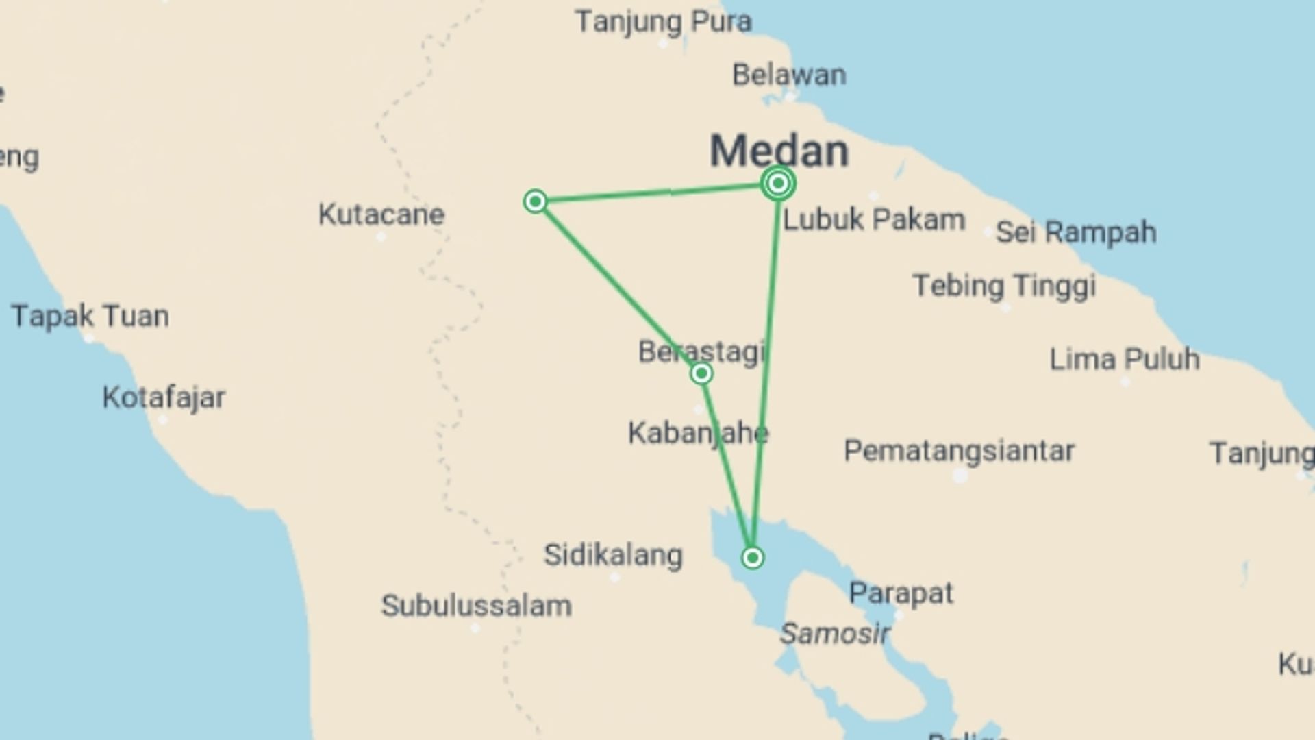 A map showing the tour itinerary for the trip: Highlights of Sumatra, starting in Medan, Indonesia and ending in Medan, Indonesia going through 3 other destinations.