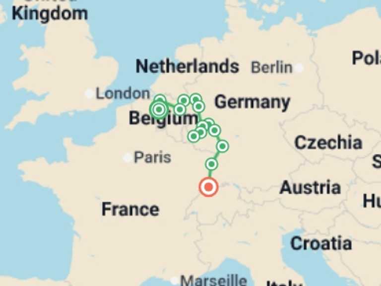 Map of 15-Day Europe Tour with 14 destination visits for the trip: Rhine, Moselle & Belgium Grand Discovery (2026)