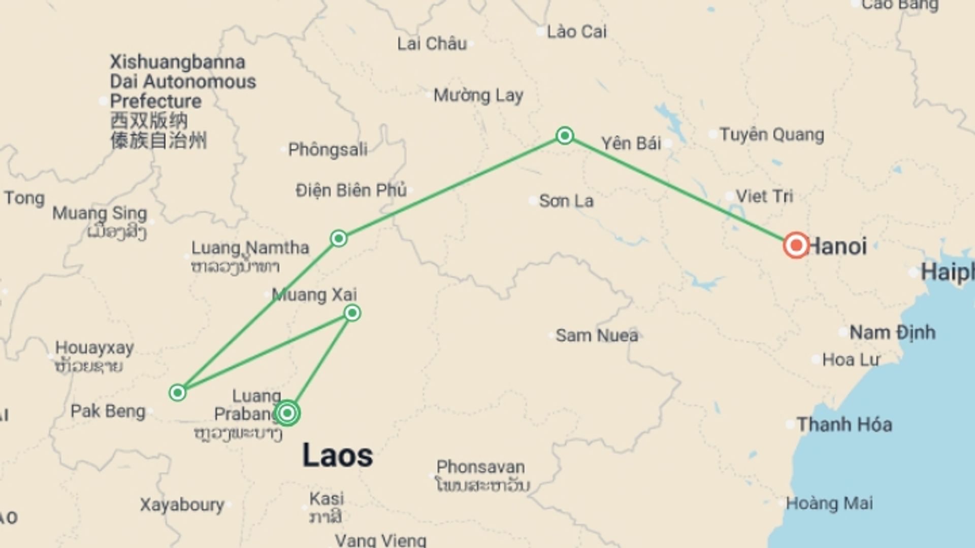 A map showing the tour itinerary for the trip: Luang Prabang to Hanoi - 12 days , starting in Luang Prabang, Laos and ending in Hanoi, Vietnam going through 4 other destinations.