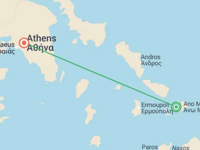 Map of Athens Cultural, religious and historic sites Tour with 2 destination visits for the trip: Mykonos Experience 4D/3N