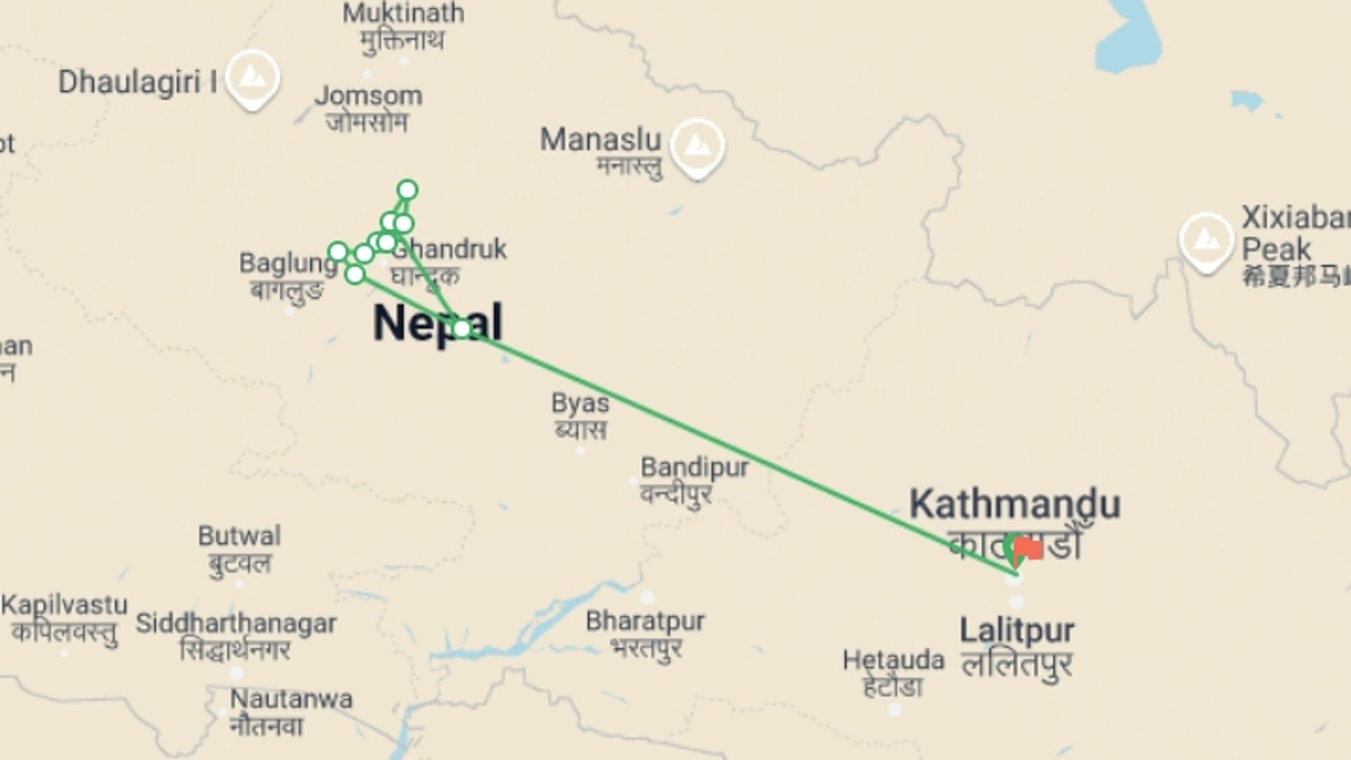 A map showing the tour itinerary for the trip: Annapurna Base Camp trek, starting in Kathmandu, Nepal and ending in Kathmandu, Nepal going through 10 other destinations.