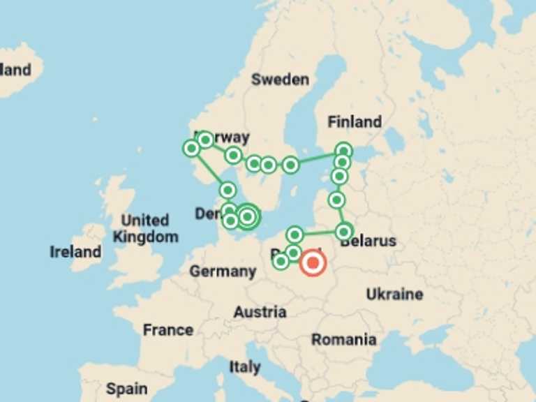 Map of Europe Cultural, religious and historic sites Tour with 12 destination visits for the trip: Best of Scandinavia & the Baltics