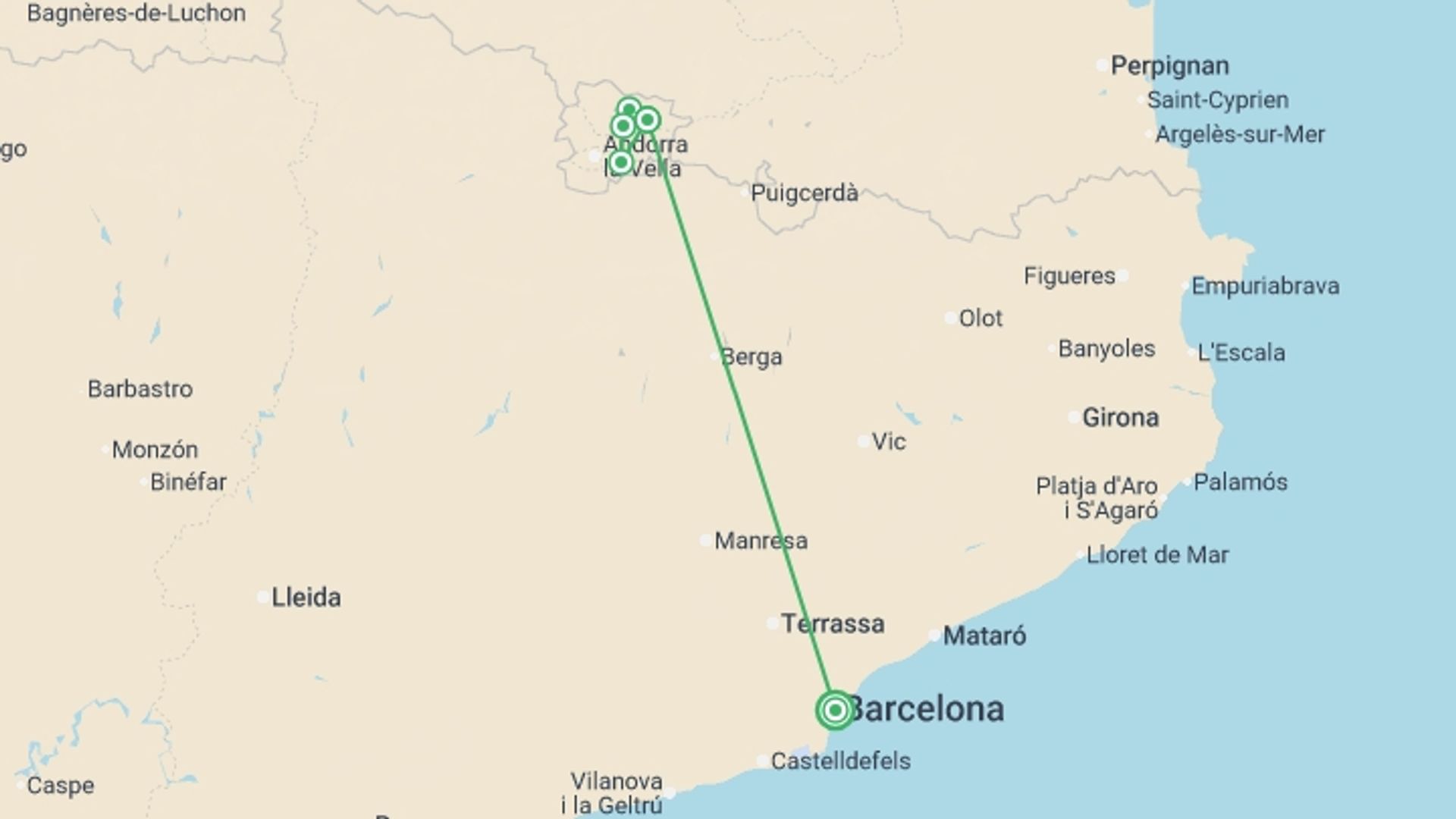A map showing the tour itinerary for the trip: Walking in the Pyrenees, starting in Barcelona, Spain and ending in Barcelona, Spain going through 4 other destinations.
