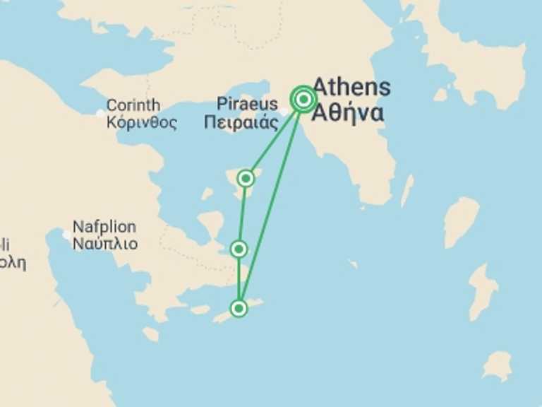 Map itinerary of Greece Tour in Fall with 1 destination visits for the trip: Athens & Island Escape - 4 days