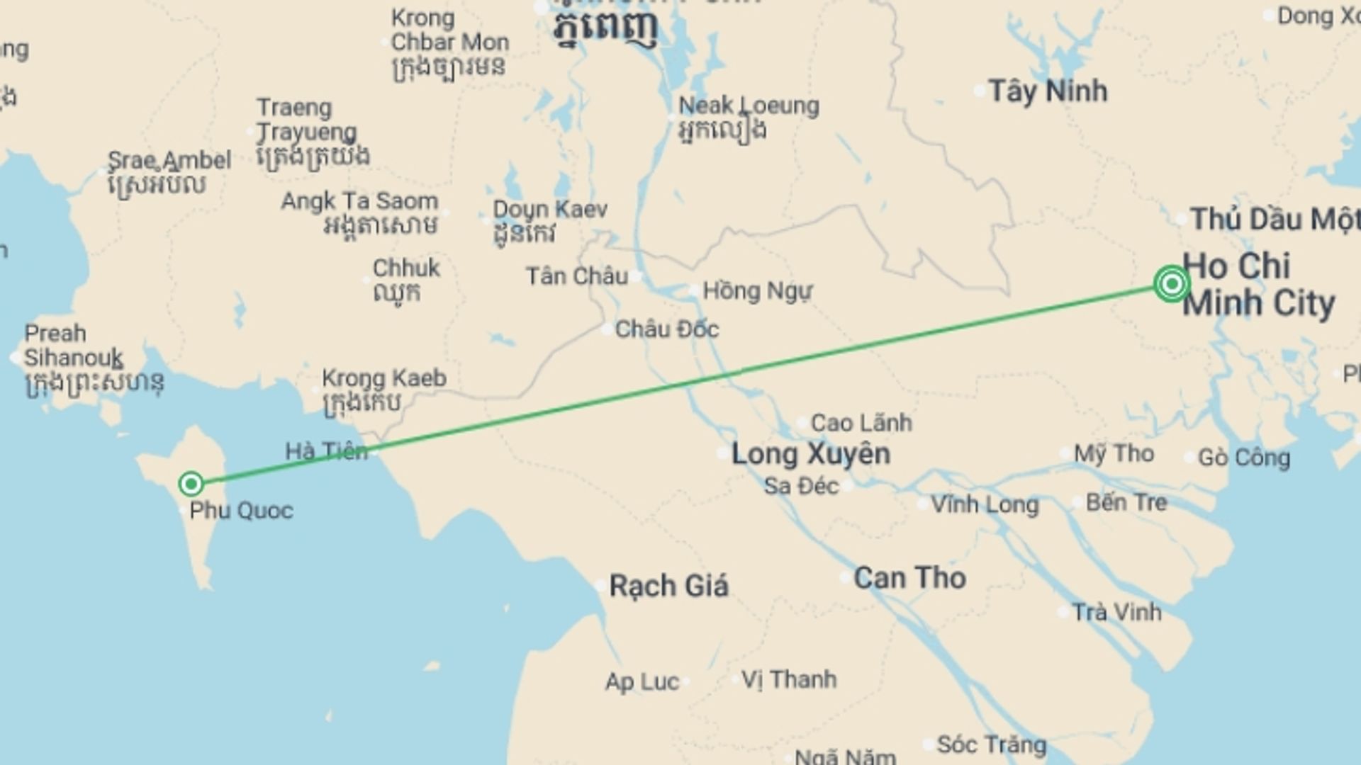 A map showing the tour itinerary for the trip: Saigon, Mekong & Phu Quoc Beach Break (Deluxe) - 9 days, starting in Ho Chi Minh City, Vietnam and ending in Ho Chi Minh City, Vietnam going through 1 other destinations.