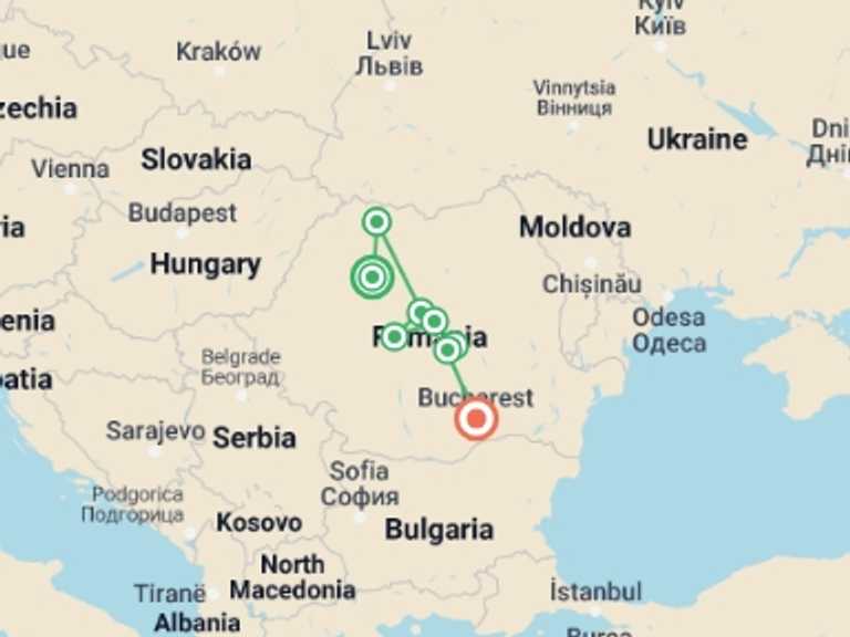 Map of Romania Tour with 8 destination visits for the trip: Highlights of Romania