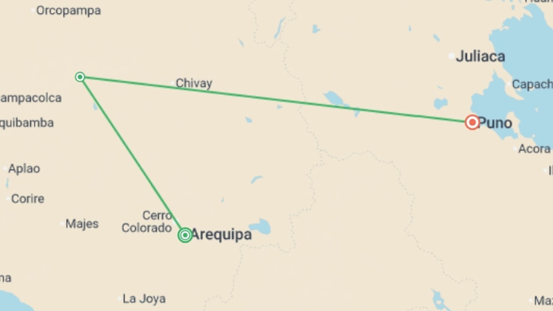 A map showing the tour itinerary for the trip: Colca Canyon Trekking 3D/2N & Transfer to Puno, starting in Arequipa, Peru and ending in Puno, Peru going through 1 other destinations.