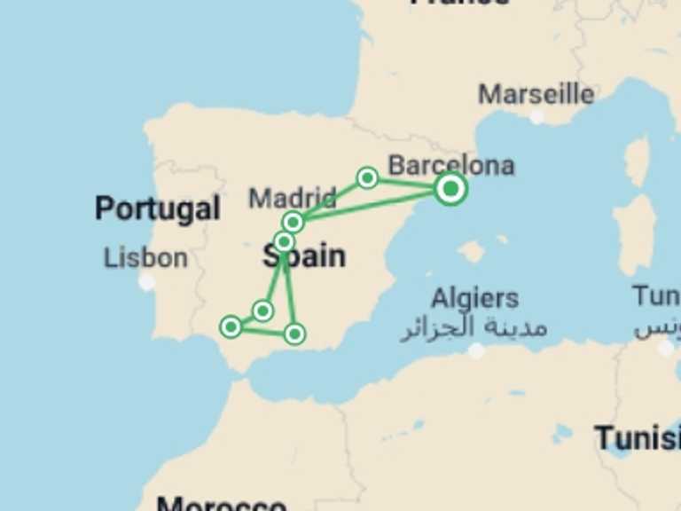 Map itinerary of Spain Tour in February 2026 with 4 destination visits for the trip: 5 Day Guided Tour Andalusia And Toledo From Barcelona