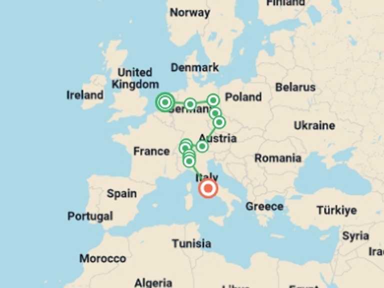 Map itinerary of Europe Tour in January 2027 with 7 destination visits for the trip: From Amsterdam to Rome