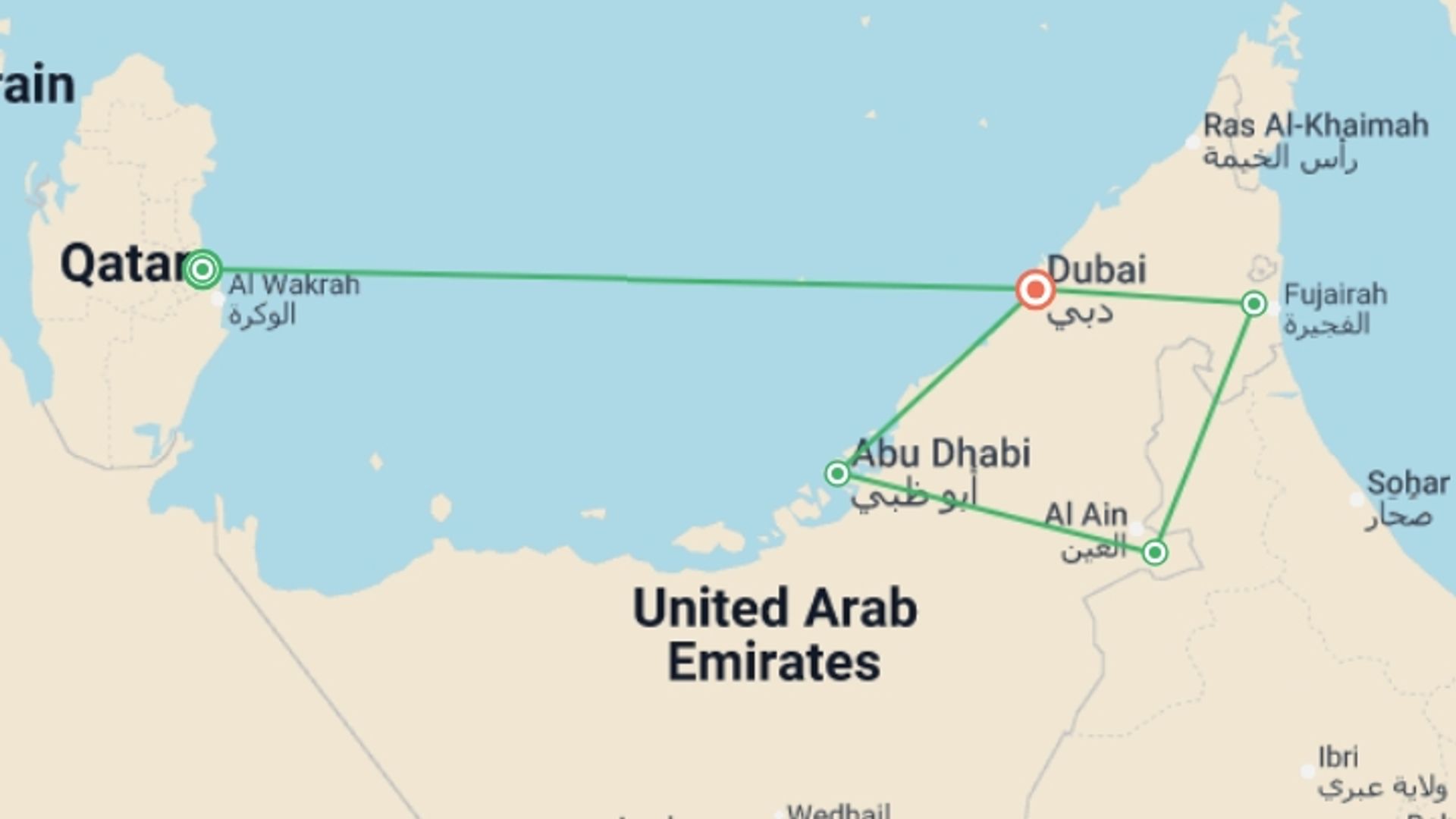 A map showing the tour itinerary for the trip: Qatar, Dubai, and the United Arab Emirates, starting in Doha, Qatar and ending in Dubai, UAE going through 3 other destinations.