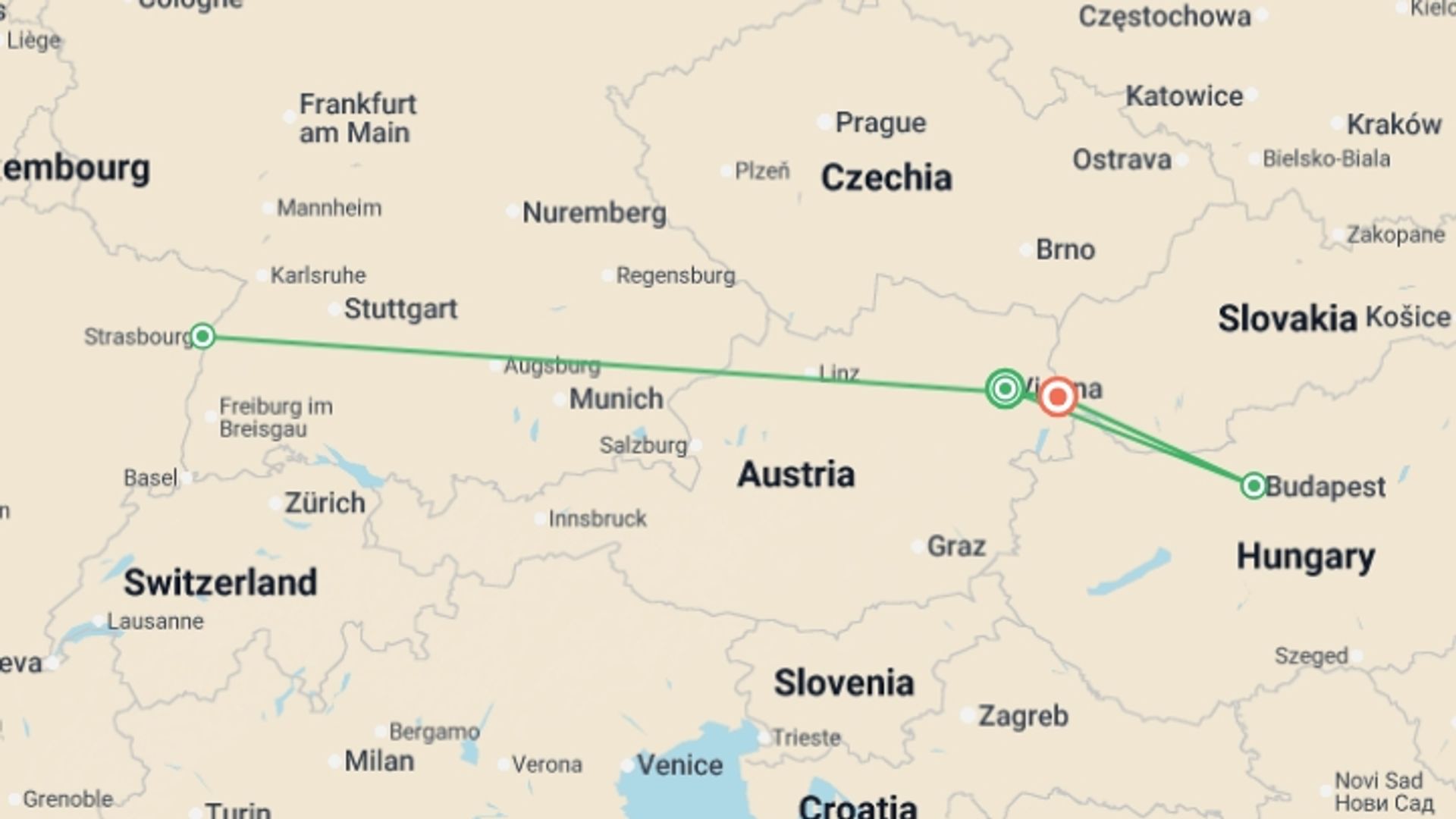 A map showing the tour itinerary for the trip: Taking in 3 countries: The Danube and its traditions, starting in Vienna, Austria and ending in Bratislava, Slovakia going through 2 other destinations.