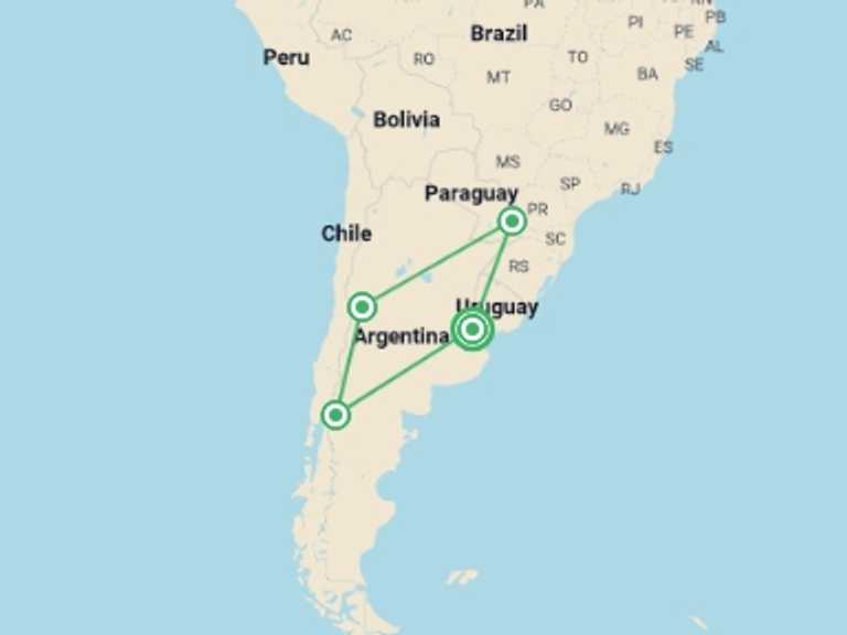 Map of a Road Tour with 5 destination visits for the trip: Tango, Wine & Blue water dreams