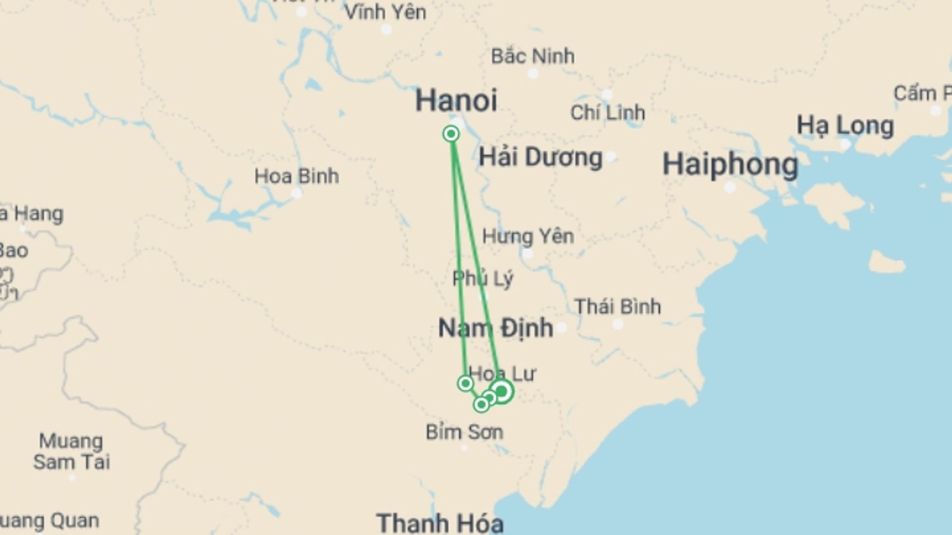 A map showing the tour itinerary for the trip: Adventure To Ninh Binh 2 Days 1 Night, starting in Ninh Binh, Vietnam and ending in Ninh Binh, Vietnam going through 3 other destinations.