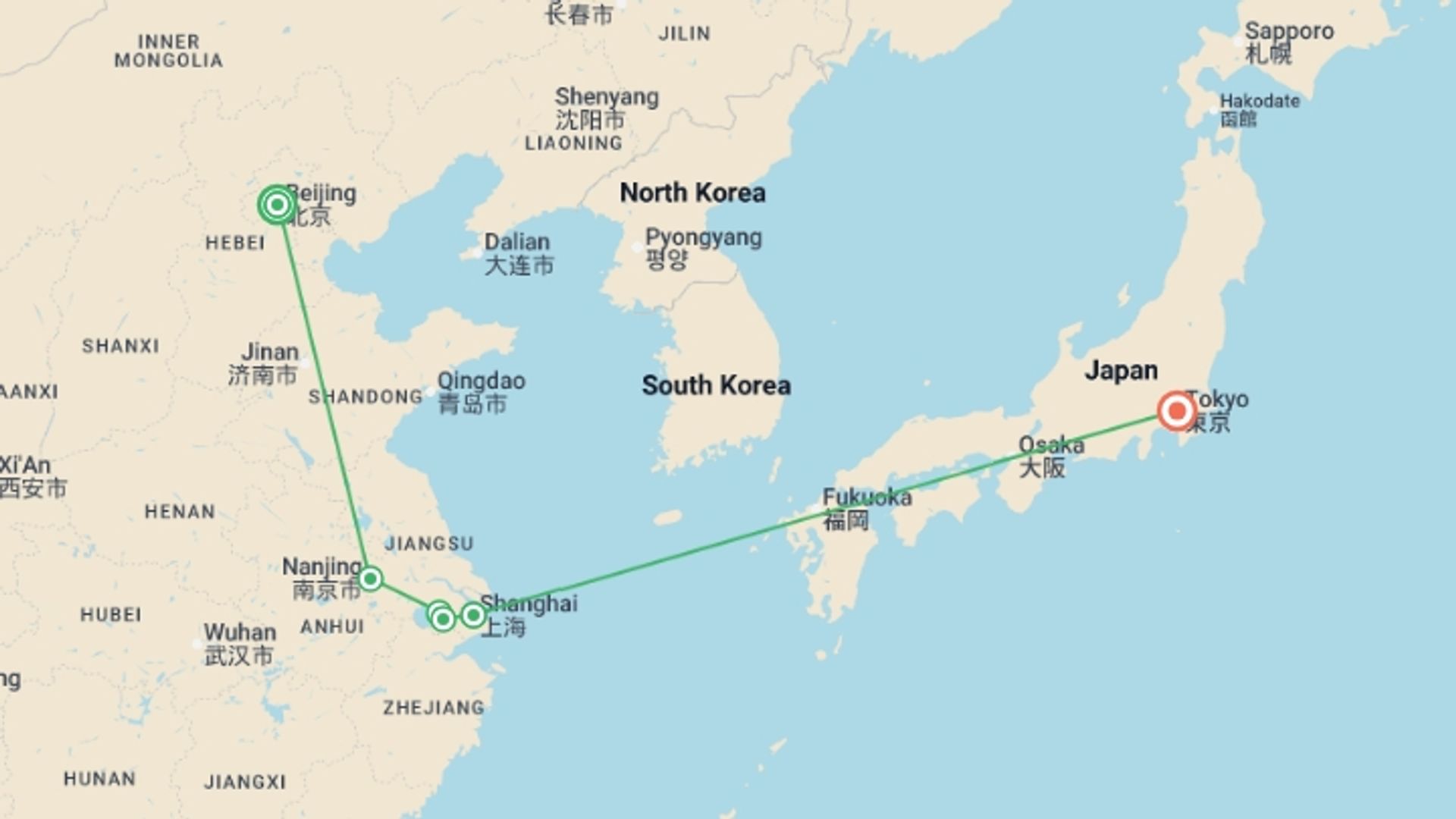 A map showing the tour itinerary for the trip: Asiatic Triangle, starting in Beijing, China and ending in Tokyo, Japan going through 2 other destinations.