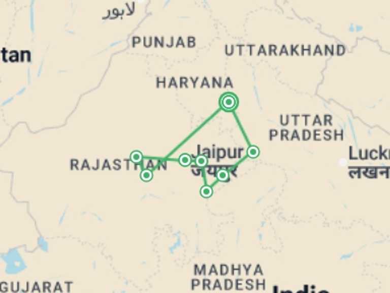 Map itinerary of Asia Tour in January 2027 with 8 destination visits for the trip: Rajasthan Highlights by Bike