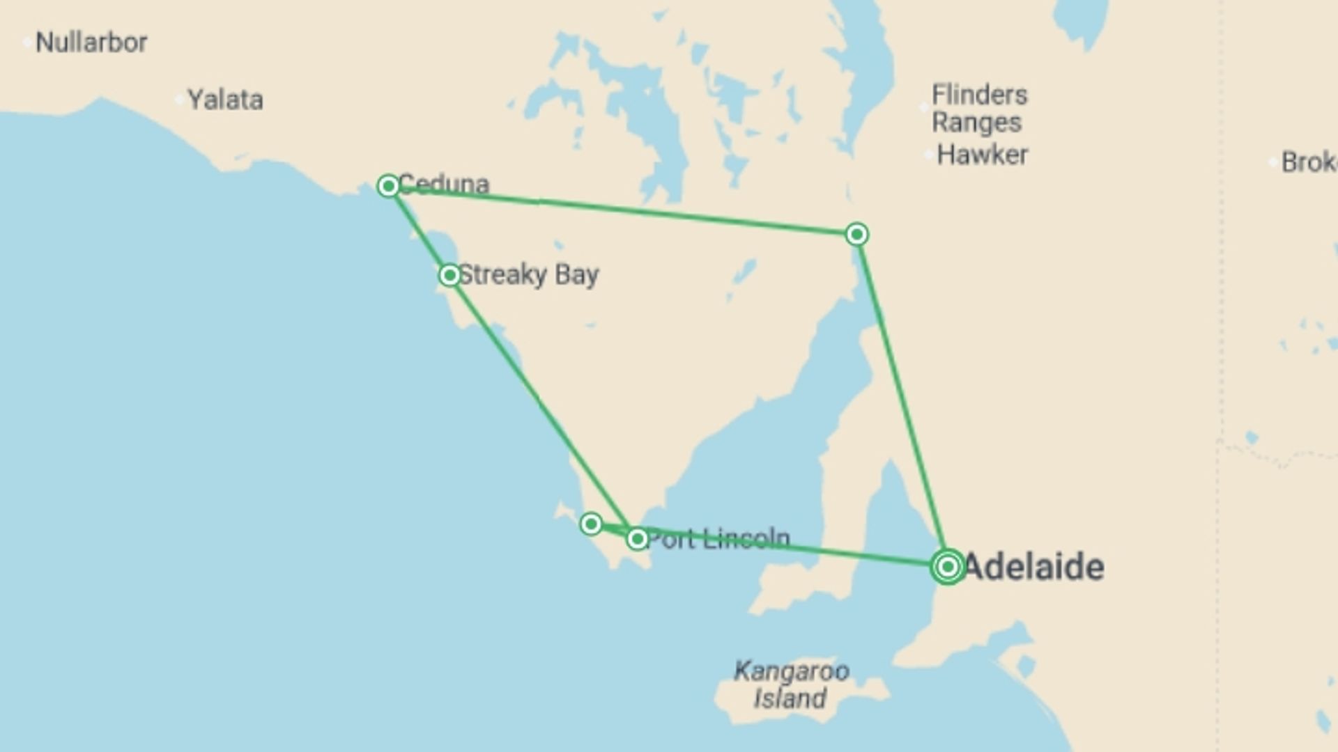 A map showing the tour itinerary for the trip: South Australian Eyre Peninsula Escape, starting in Adelaide, Australia and ending in Adelaide, Australia going through 0 other destinations.