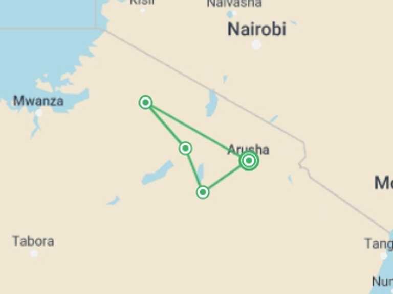Map of Tanzania Tour with 4 destination visits for the trip: Serengeti Explorer