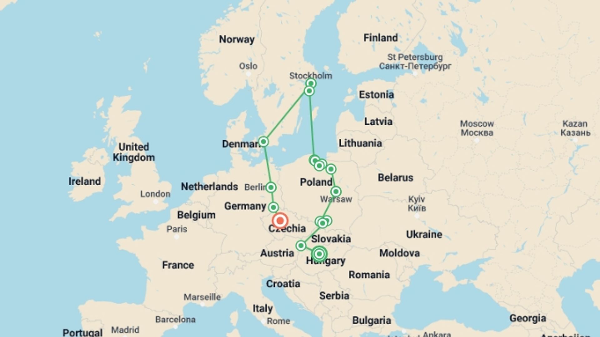 A map showing the tour itinerary for the trip: Hungary, Poland and Scandinavia End Prague, starting in Budapest, Hungary and ending in Prague, Czech Republic going through 7 other destinations.
