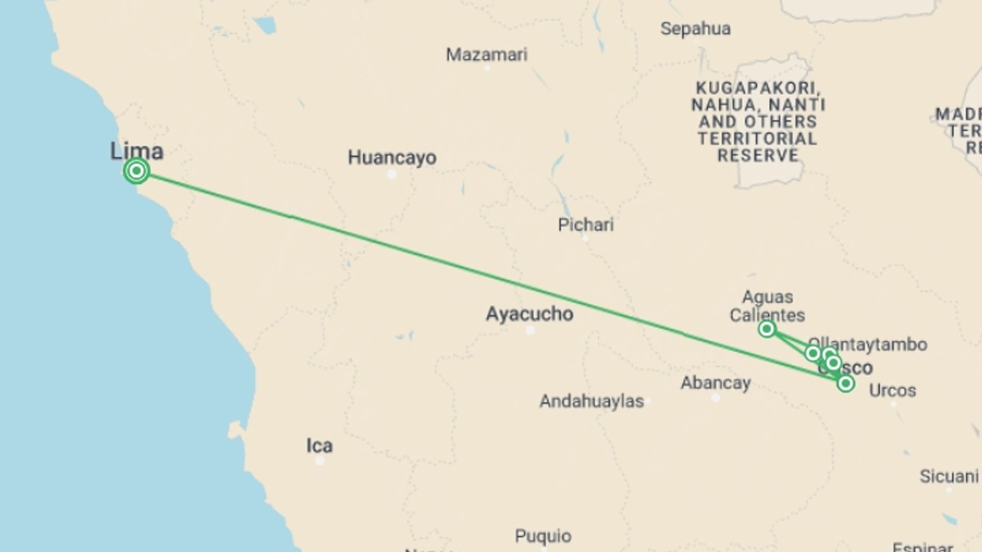 A map showing the tour itinerary for the trip: Inca Magic, starting in Lima, Peru and ending in Lima, Peru going through 3 other destinations.