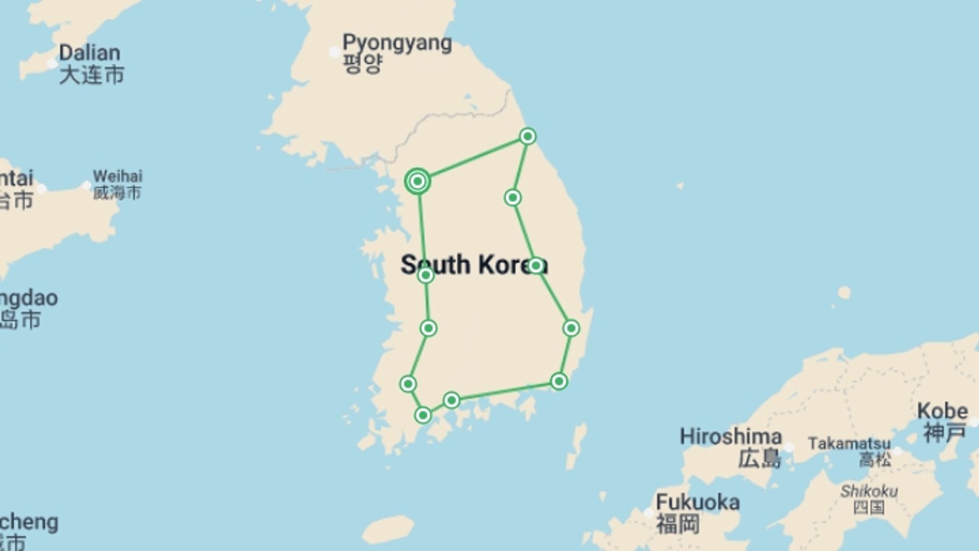 A map showing the tour itinerary for the trip: Classic South Korea - 7 days, starting in Seoul, South Korea and ending in Seoul, South Korea going through 5 other destinations.