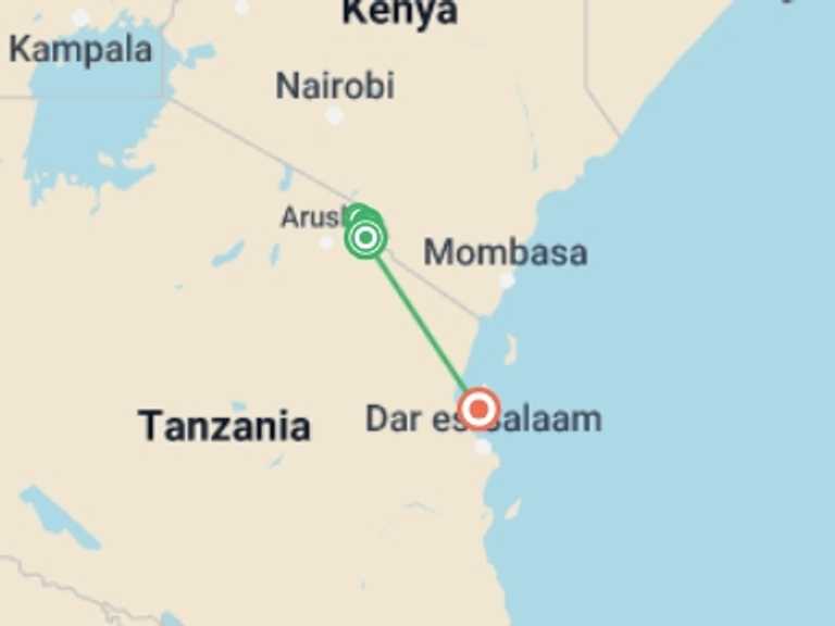 Map itinerary of Africa Tour in Fall with 10 destination visits for the trip: Kilimanjaro - Lemosho Route & Zanzibar Adventure