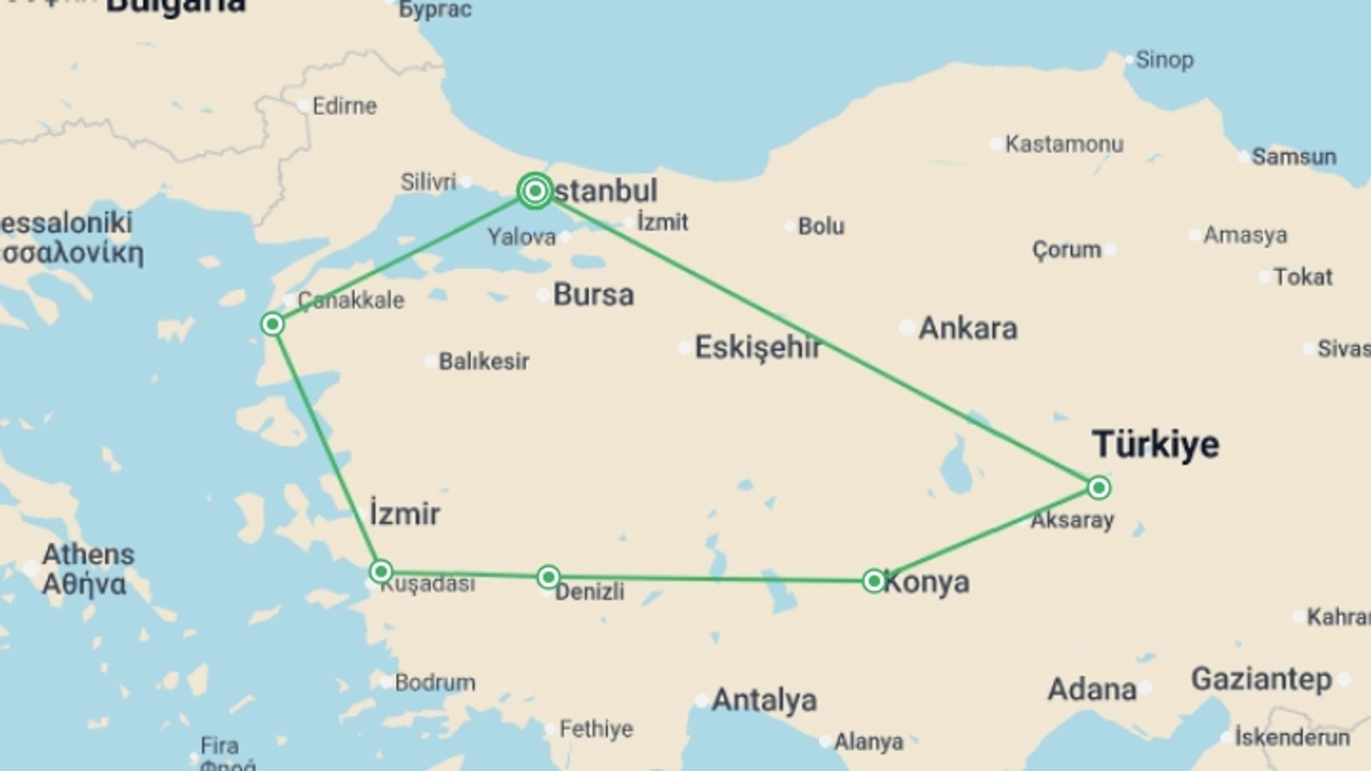 A map showing the tour itinerary for the trip: Private Turkey Classics Tour, starting in Istanbul, Turkey and ending in Istanbul, Turkey going through 5 other destinations.