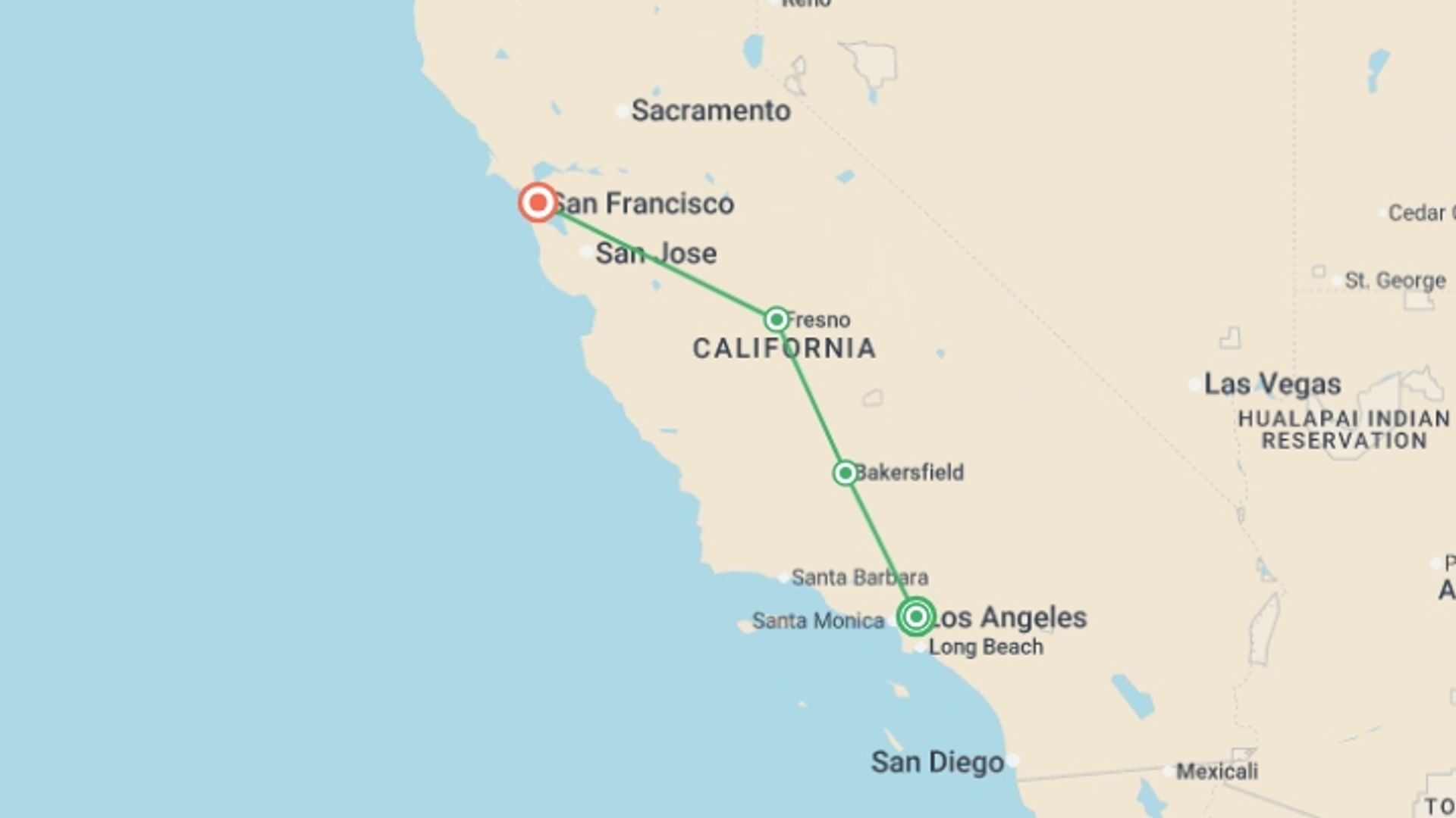 A map showing the tour itinerary for the trip: Fascinating West, Ending in San Francisco, starting in Los Angeles, USA and ending in San Francisco, USA going through 2 other destinations.
