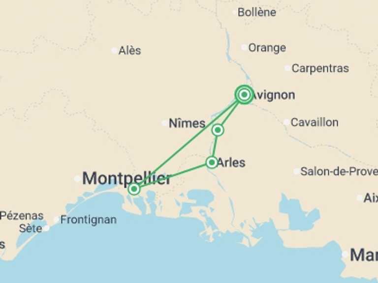 Map itinerary of France Tour in Winter with 5 destination visits for the trip: Santons and Christmas traditions along the canals of Provence Following the footsteps of fortresses and authentic villages