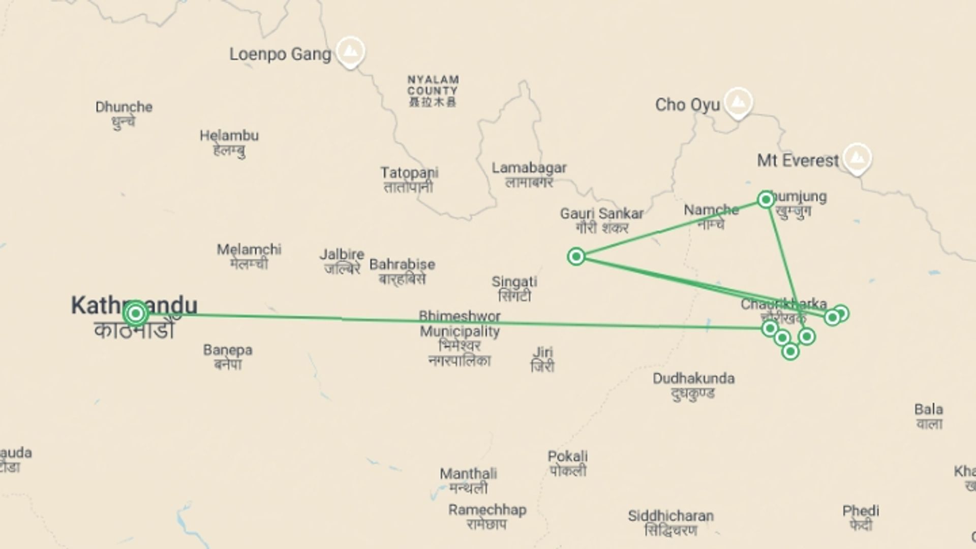 A map showing the tour itinerary for the trip: Mera Peak Climbing, starting in Kathmandu, Nepal and ending in Kathmandu, Nepal going through 8 other destinations.