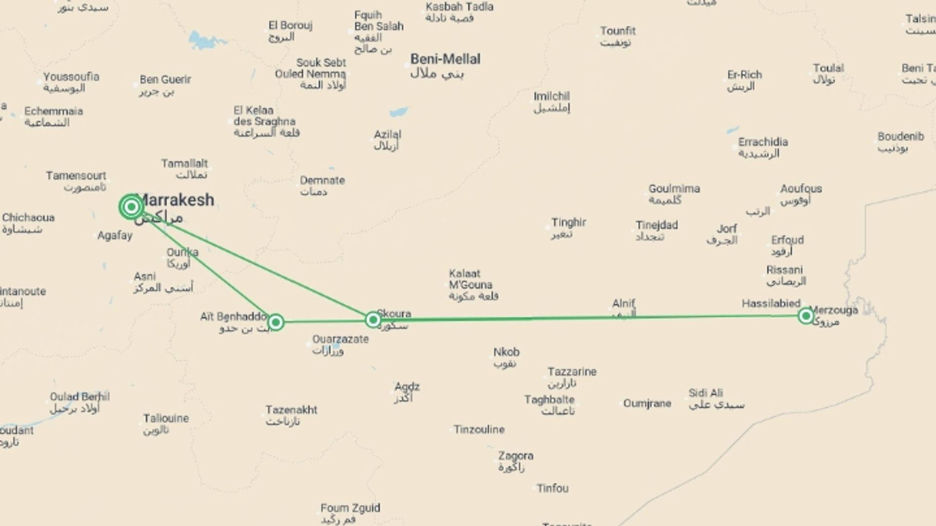 A map showing the tour itinerary for the trip: Moroccan Desert Adventure: River Canyons & Camels, starting in Marrakech, Morocco and ending in Marrakech, Morocco going through 3 other destinations.