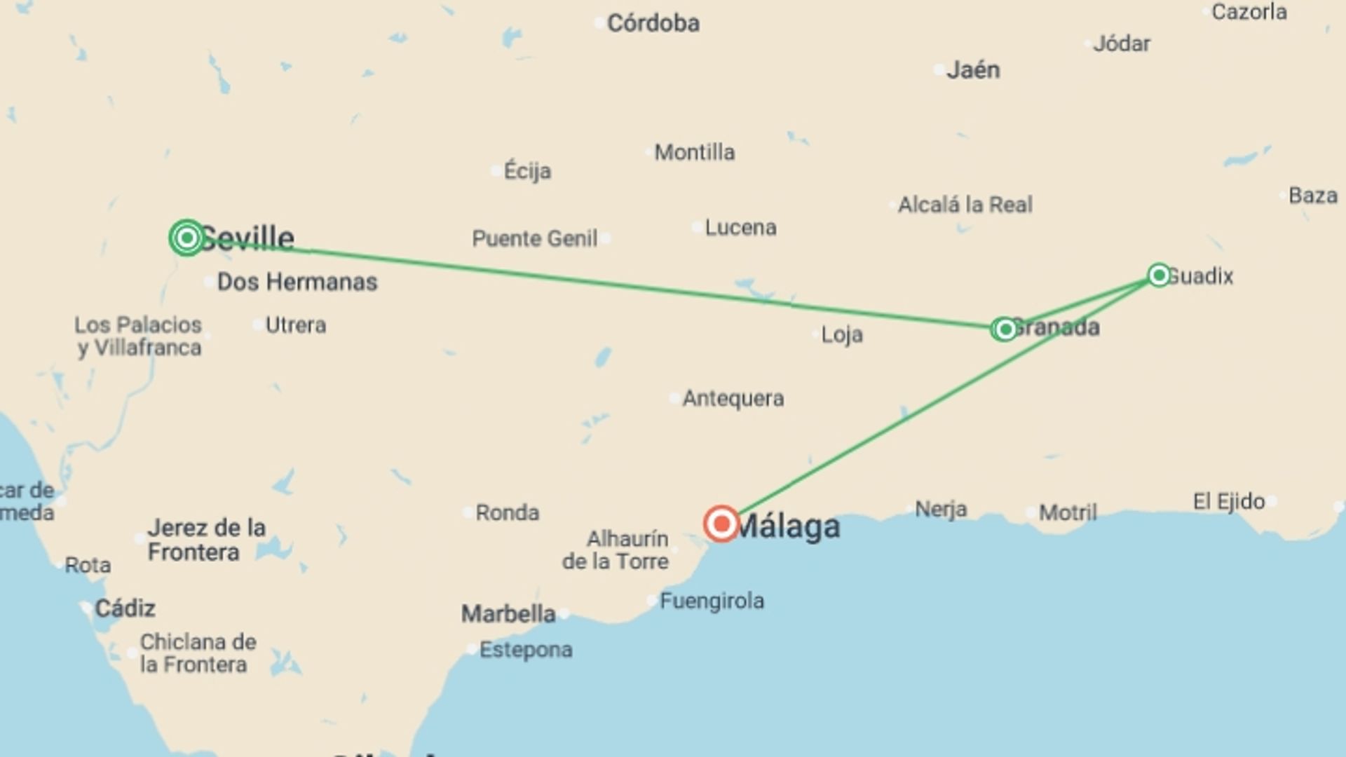 A map showing the tour itinerary for the trip: Highlights of Andalucia, starting in Seville, Spain and ending in Malaga, Spain going through 3 other destinations.